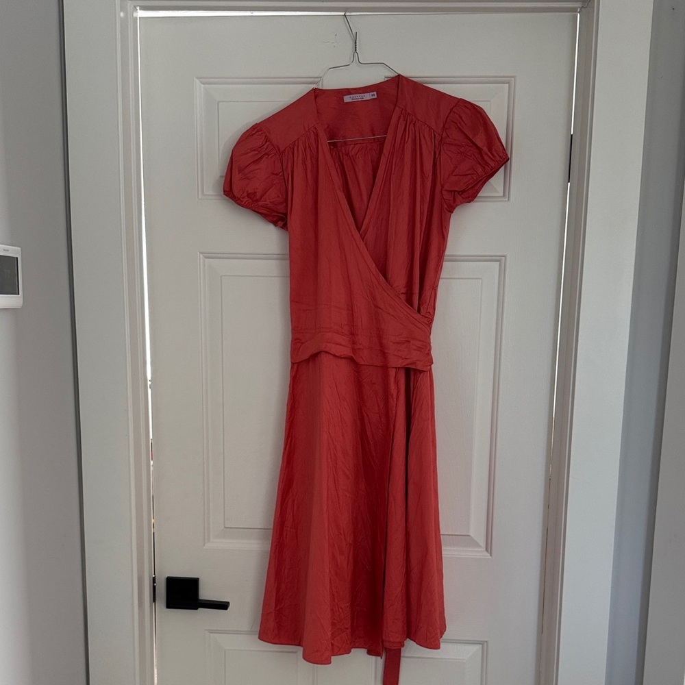 Calypso cap sleeve wrap dress. Coral. 100% silk. Size XS